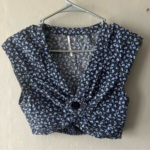 Free People Blue Havana Honey V-Neck Woven Crop Top Size XS